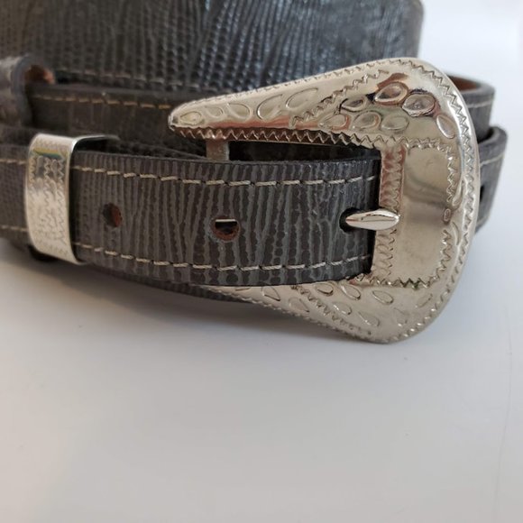 Vtg Gray Lizard Grain Cowhide Leather Ranger Western Belt Silver Sz 34 USA NWOT - Picture 5 of 11